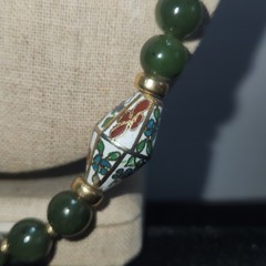 Green Nephrite Jade Beaded Necklace Floral Cloisonne Enamel Accents 26in
