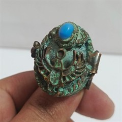 Rare Handmade Egyptian Falcon Copper Ring Turquoise Stone Antique Style Jewelry