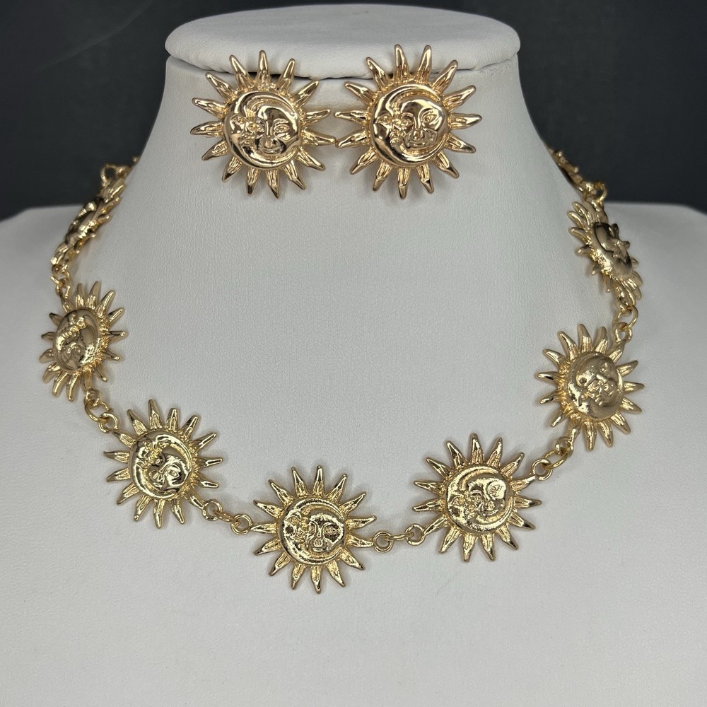 Gold Tone Celestial Sun Moon Necklace Earrings Set Pierced Choker Retro