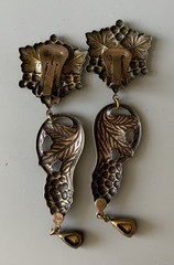 Vintage Grape Clips Earrings By Banana Bob Brass Alloy Enamel Crystals Dangling