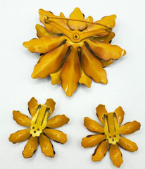 Vintage Large Brown and Yellow Enamel Flower Brooch & Clip On Earrings Beautiful