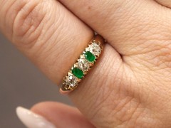 0.30Ct Emerald and 0.60Ct Diamond 14k Yellow Gold Five Stone Ring Circa 1925