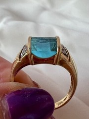 VINTAGE 14K YELLOW GOLD CHECKERBOARD PRISM CUT BLUE TOPAZ DIAMONDS RING DESIGNER