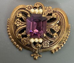 Victorian Era Multi Faceted Simulated Amethyst and Pearl Heart Shaped Brooch