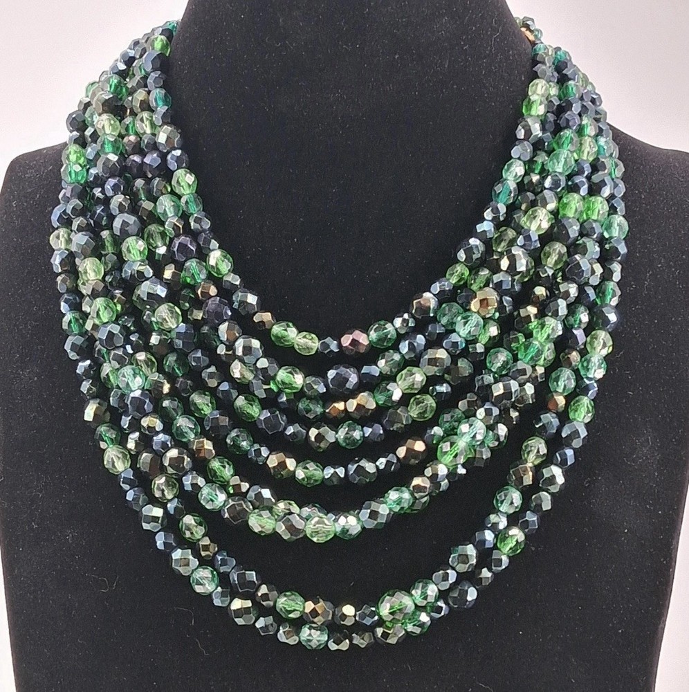 Coppola E Toppo Italy Vintage Green Glass Beaded Necklace, Adjustable Length