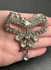 Vintage Art Deco Large Rhinestone Bow Brooch Pin Crystal Dangle Drop High End
