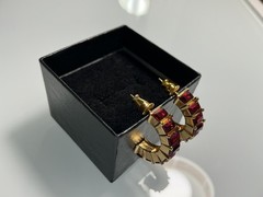 VINTAGE CHRISTIAN DIOR RUBY STONE HALF HOOP GOLD TONE PIERCED EARRINGS