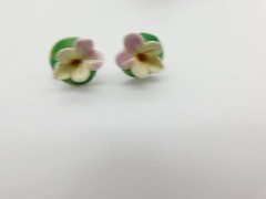 Lavender Yellow Porcelain Flower On Green Lily Pad Screw Back Earrings Vintage