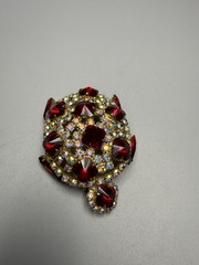 Brooch Turtle Figural Red Rivoli & Clear AB Rhinestone Large 2.25″ Vintage 1960s