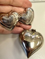 Vintage Silver Tone Puffed Heart Pendant Clip Earrings Set Modernist Statement