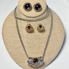 Purple Gold Tone Silver Tone Metal Necklace Chain Earrings Set Y2K Renaissance