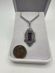 Antique Lavalier Pendant Purple Glass White Gold Plated Filigree Damaged READ