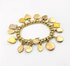 Vintage Gold Filled Locket Charm Bracelet 14 Lockets 1 Fob Hearts Book Enamel