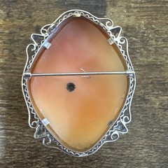 Vintage 14K Solid White Gold Cameo Brooch Pendant – Filigree, Diamond, Flowers
