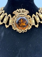 Vintage FLORENZA Victorian Revival Topaz Glass Choker Necklace Signed