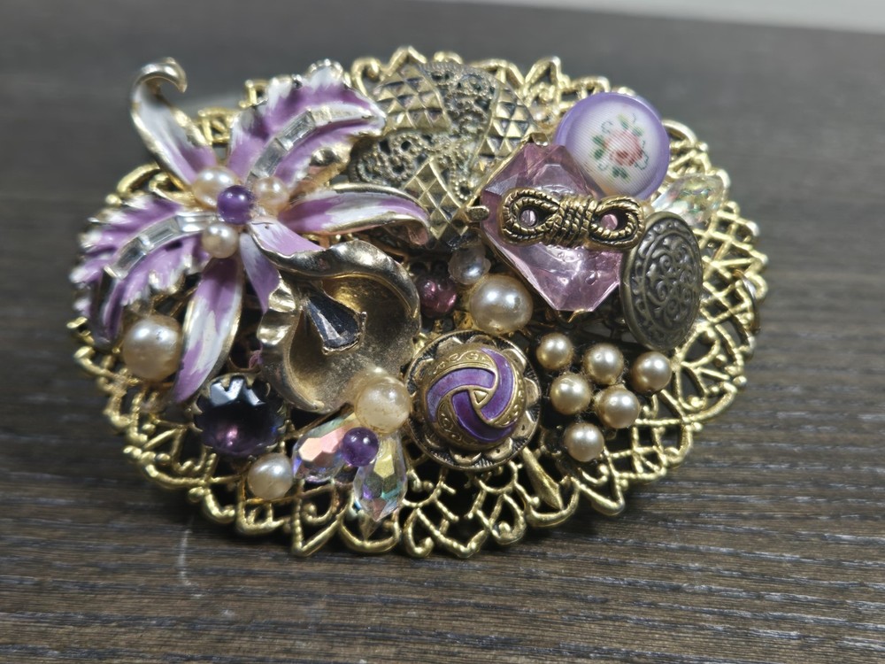 Vintage Maximal Collage Brooch Pin Mixed Media Art Materials rare Purple Floral