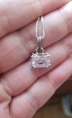 Sterling Silver Emerald Cut AB Crystal Solitaire Pendant Necklace Rope Design