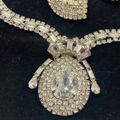 Vintage Signed HOBE Rhinestone Bib Necklace and Clip-On Earring Set