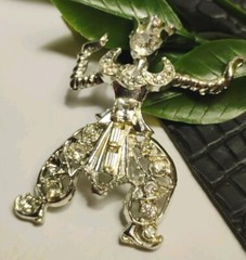 Thai Bali DANCER 2″ Exotic Figural Costume, Silver Tone Brooch, Clear Stones!