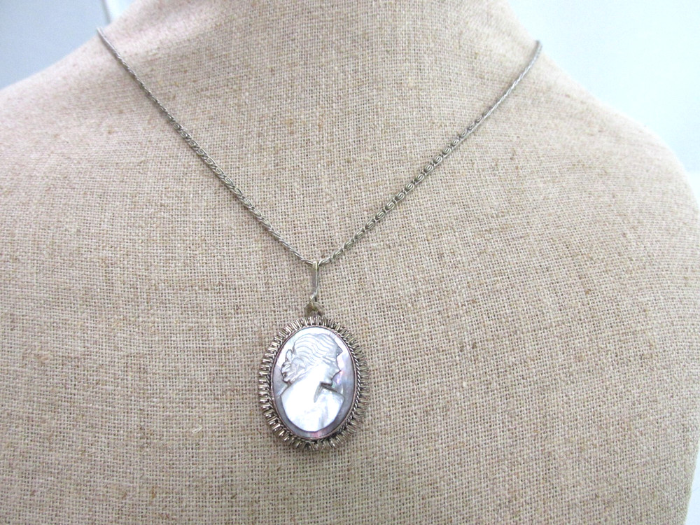 Edwardian Carved Shell Cameo B.S. 800 Wire Wrapped Pendant Necklace Scroll Chain