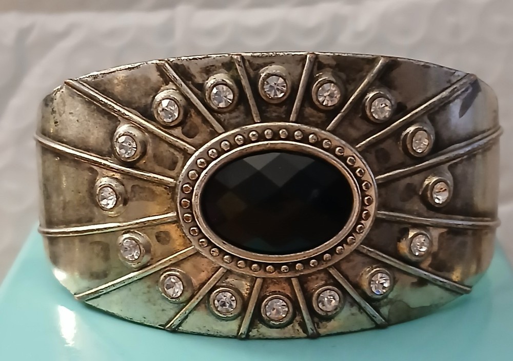 Vintage Silver tone rhinestones and black cabochon stone cuff bracelet