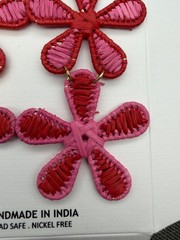 Piper K Flower Pierced Earrings 3.5 In Drop Red Pink Raffia Boho Barbie Retro
