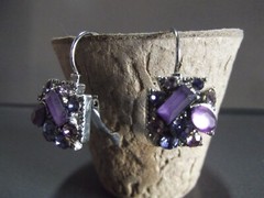 1 Pair Old .75″in Purple Glass or Rock Square w/Mixed Size Stones Dangler Clip