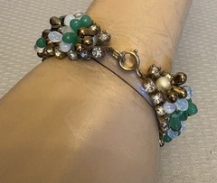 50s Vintage Signed Germany Wired Green Glass Bead Rhinestone Pearl Bracelet 7”