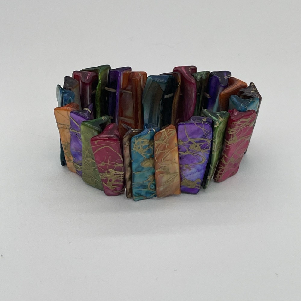 Vintage Stretch Bangle Bracelet Iridescent Multicolor With Gold Accents