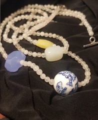 Asian Chinoiserie Bead Necklace & Yellow, Green,White Jade/jadeite, 35″sterling