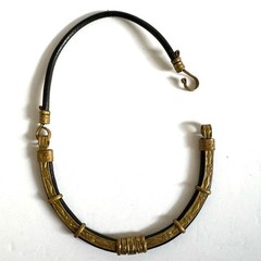 Vintage Black Leather Brass Artisan Choker Necklace Tribal Boho Statement Collar