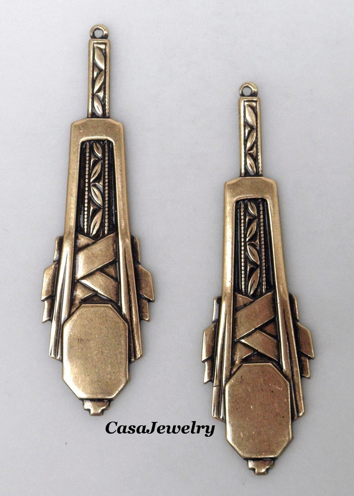 #0184 ANTIQUED GOLD LONG ART DECO DROP W/TOP HANG RING – 2 Pc Lot