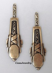 #0184 ANTIQUED GOLD LONG ART DECO DROP W/TOP HANG RING – 2 Pc Lot