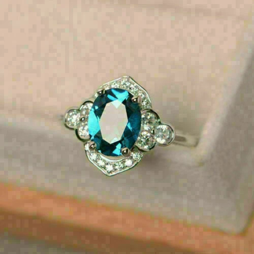 3Ct Oval Cut London Blue Topaz Halo Women’s Engagement Ring 14k White Gold Over