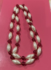 Monet Signed Necklace Faux Pearls Red Stones 36 In Signed