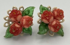 VINTAGE Clip On Twist Back Earrings 2 Pairs Plastic Flowers Pink Red
