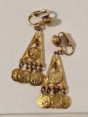 Vintage Gold Tone French Coin Chandelier Clip On Earrings Republique Francaise