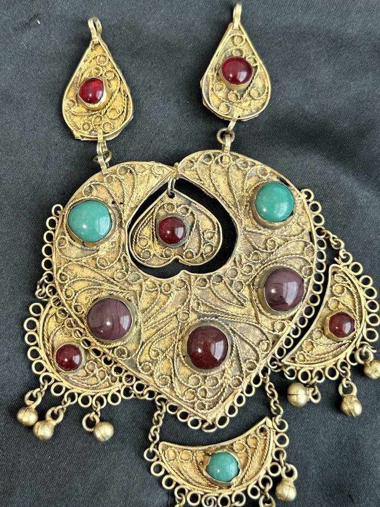 Vintage Brass Persian Kashmir Gemstone Necklace Hammered Bib Statement No Chain