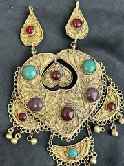 Vintage Brass Persian Kashmir Gemstone Necklace Hammered Bib Statement No Chain