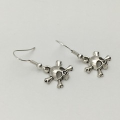 Silver Tone Costume Skull & Crossbones Hook Dangle Earrings #23
