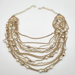 Elegant Multi Chain Bead Faux Pearl Gold Tone Layered Necklace Vintage 18 Inch