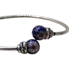 925 Silver Blue Cloisonne Floral Enamel Bead Bangle 1950s-1970s 7.1g