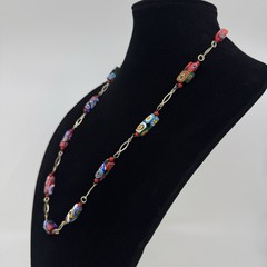 Vintage Millefiori Rectangle Glass Bead Necklace Gold Tone 29”
