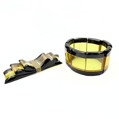 Antique Art Deco Black & Yellow Bakelite Prystal Stretch Bracelet Bow Brooch Set