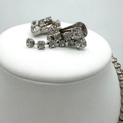 Vintage 1940s 1950s Rhinestone Necklace Earrings Set Smoky Gray Dangle