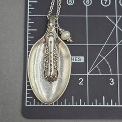 Vintage Blessed Spoon Pendant Necklace Silver Pearl Long Boho Statement Piece