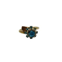 Vintage Cocktail Ring Blue & Clear Rhinestone Gems Gold Tone Bypass Band sz 5.5