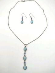 Silver Tone Necklace pierced Earrings blue Iridescent Stones Fashion Jewelry