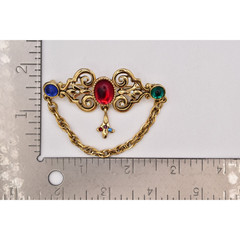 AJC Vintage Victorian Cabochon Pin Brooch Antiqued Gold Chain Signed 1980s BinBP