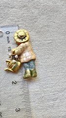 Vintage Garden Gal Enamel Brooch Pin Gold Tone Watering Can Pearl Dangles